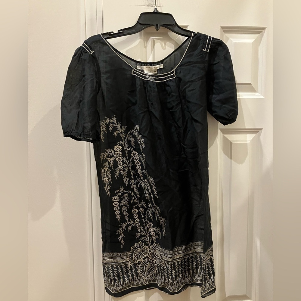 Max Studio Black & Gold Floral Puff Sleeve Cotton Silk Blend Babydoll Dress XS